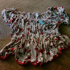 Anthropologie Floral Off-Shoulder Top - Red and Green